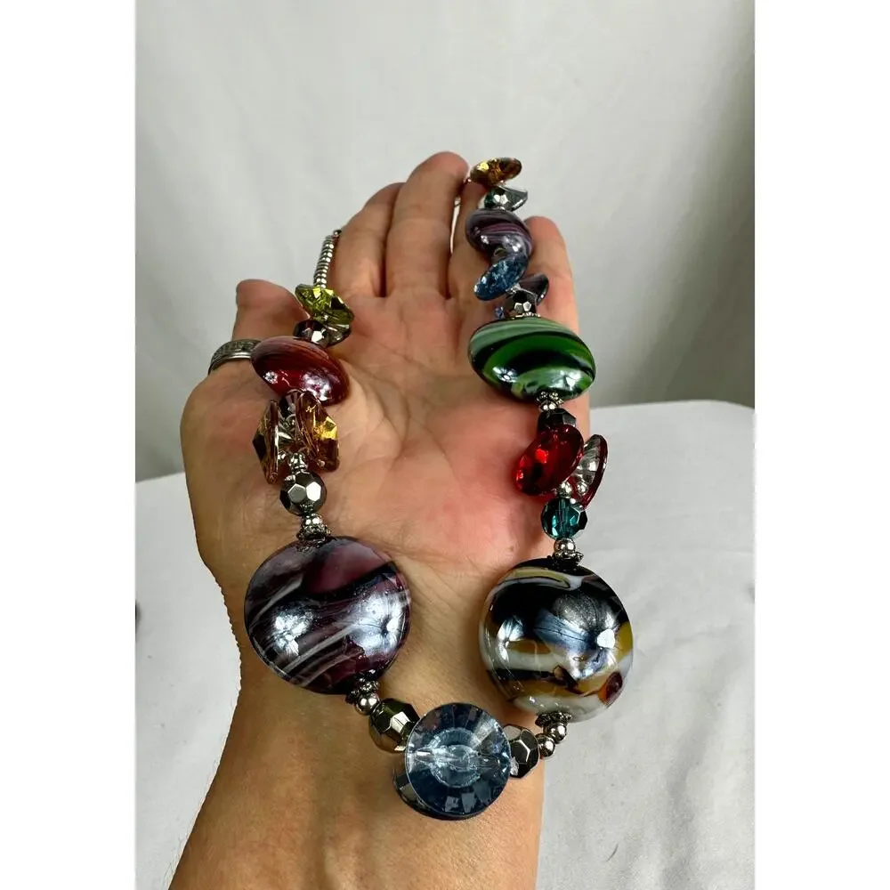 Artisan Lampwork Glass Statement Necklace Multicolor Beaded 18